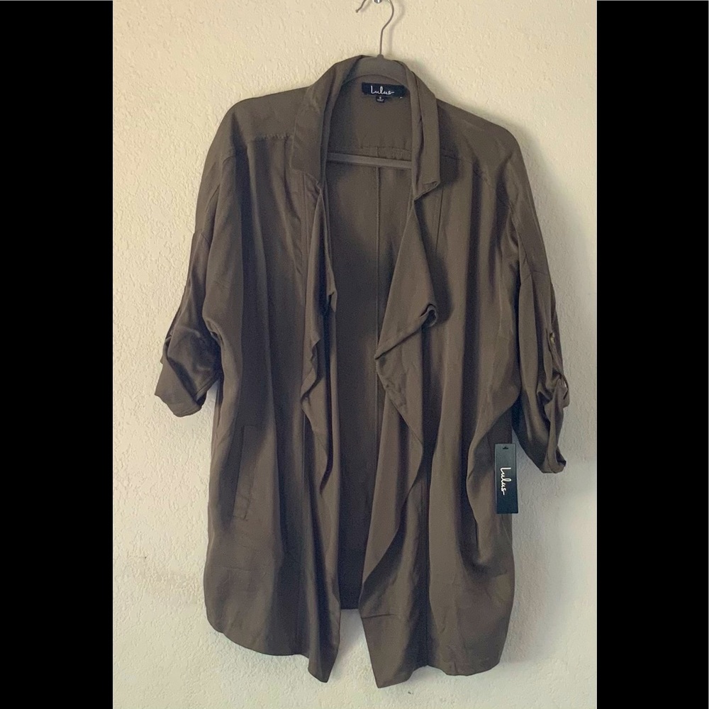 Lulu’s Lucky Break Olive Green Open Front Shirt Jacket Size S Oversized NWT